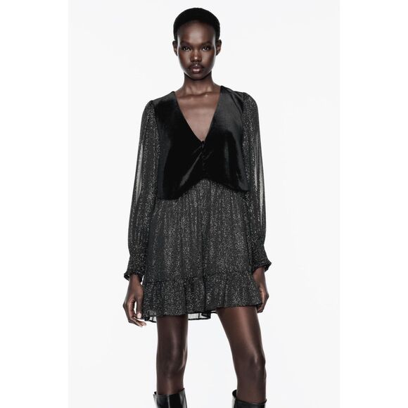 Zara Black Gold Metallic V-Neck Long Sleeve Ruffle Hem Mini Vest Dress (NWT) - Picture 1 of 9